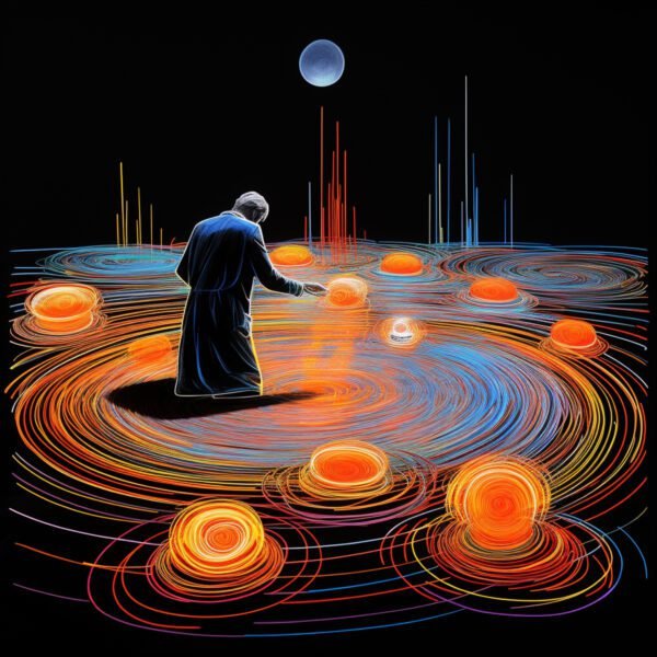 painting man standing field glowing circles generative ai